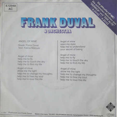 Frank Duval And Orchestra - Angel Of Mine Single Vinyl 7'45 RPM